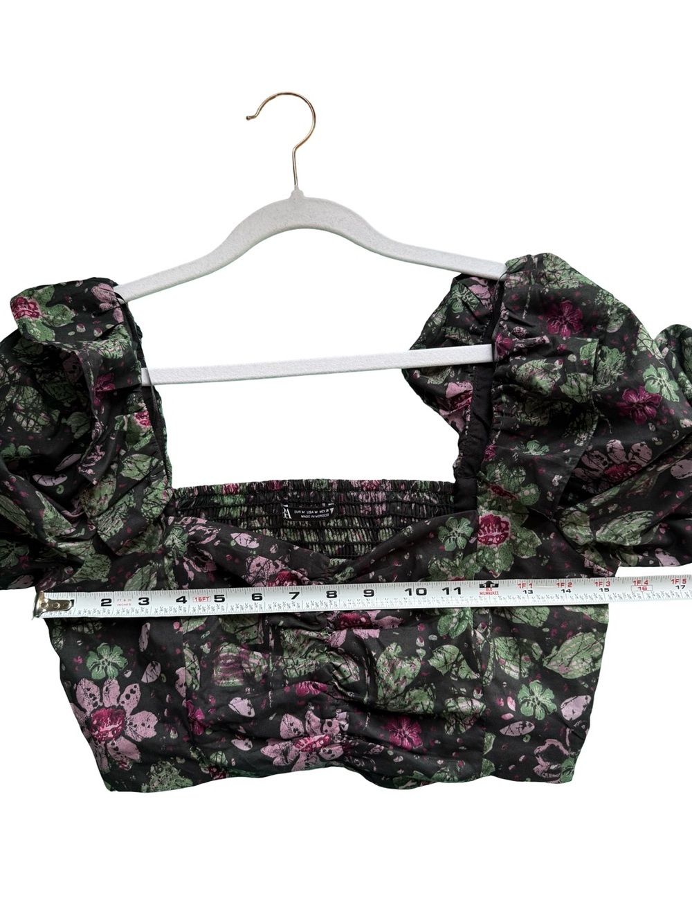 Zara Floral Puff-Sleeve Crop Top in Black and Green Size M Boho Festival - Picture 6 of 10